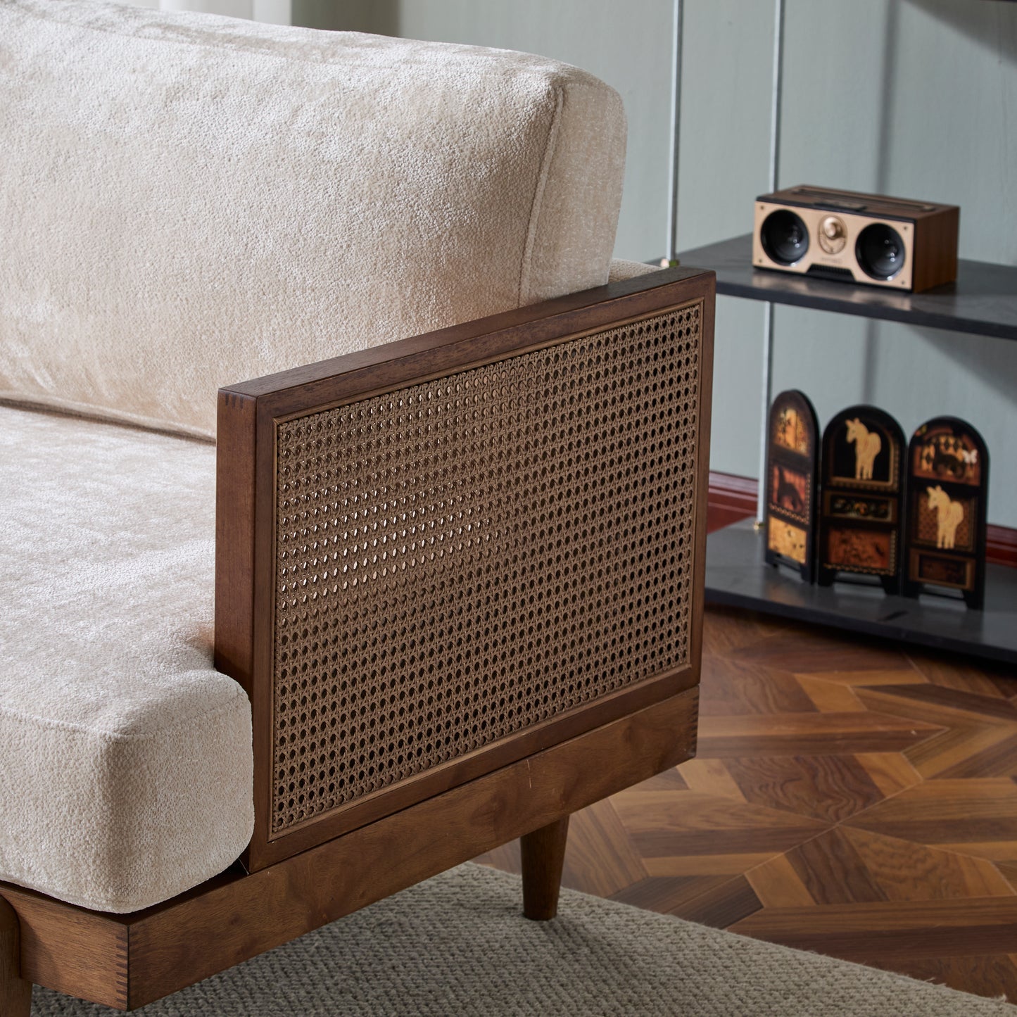 EMIR 72" Square Arm 3-Seater Sofa with Cane Rattan and Wooden Frame