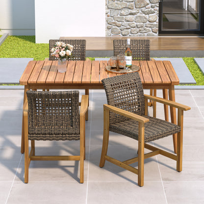 Hawk 5-Piece Patio Dining Set, 63" Slatted Table & 4 Acacia Wood & PE Rattan Chairs