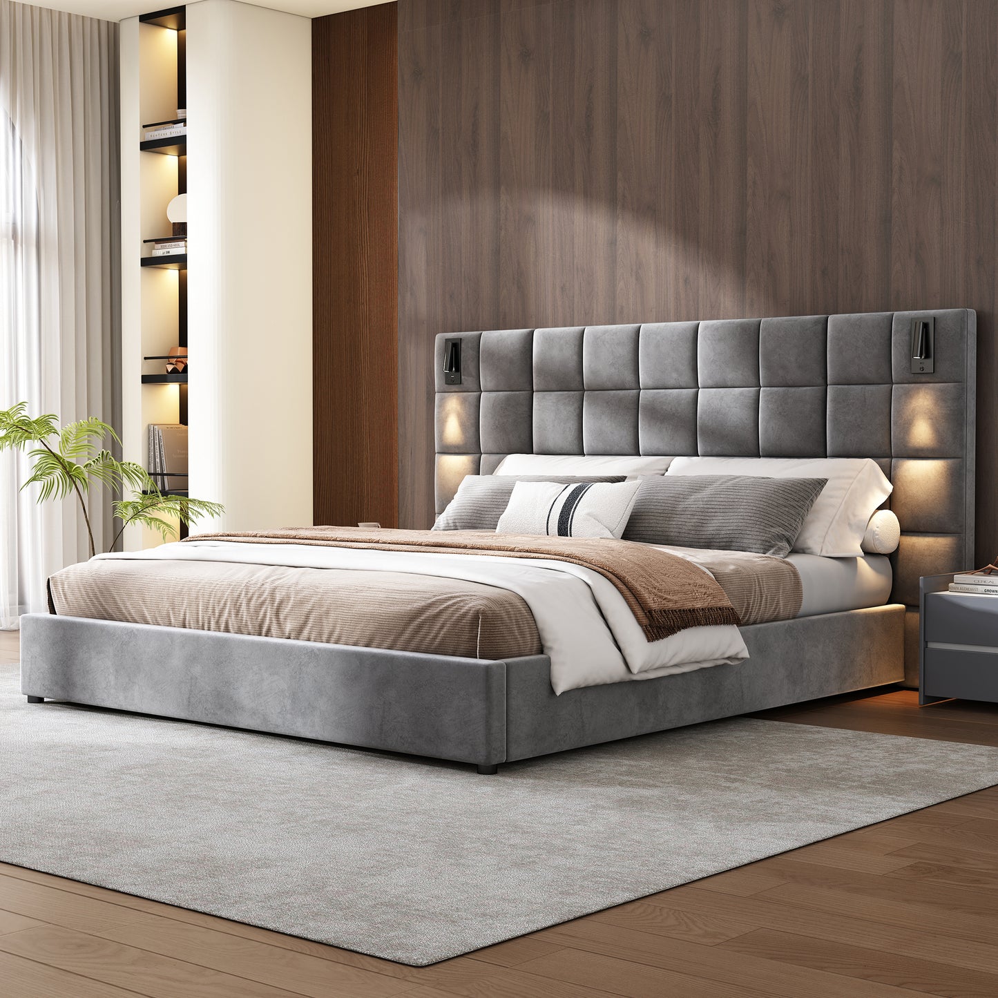 Elara Upholstered bed,with reading lamp and USB port, wide headboard,without bedside tables and mattress