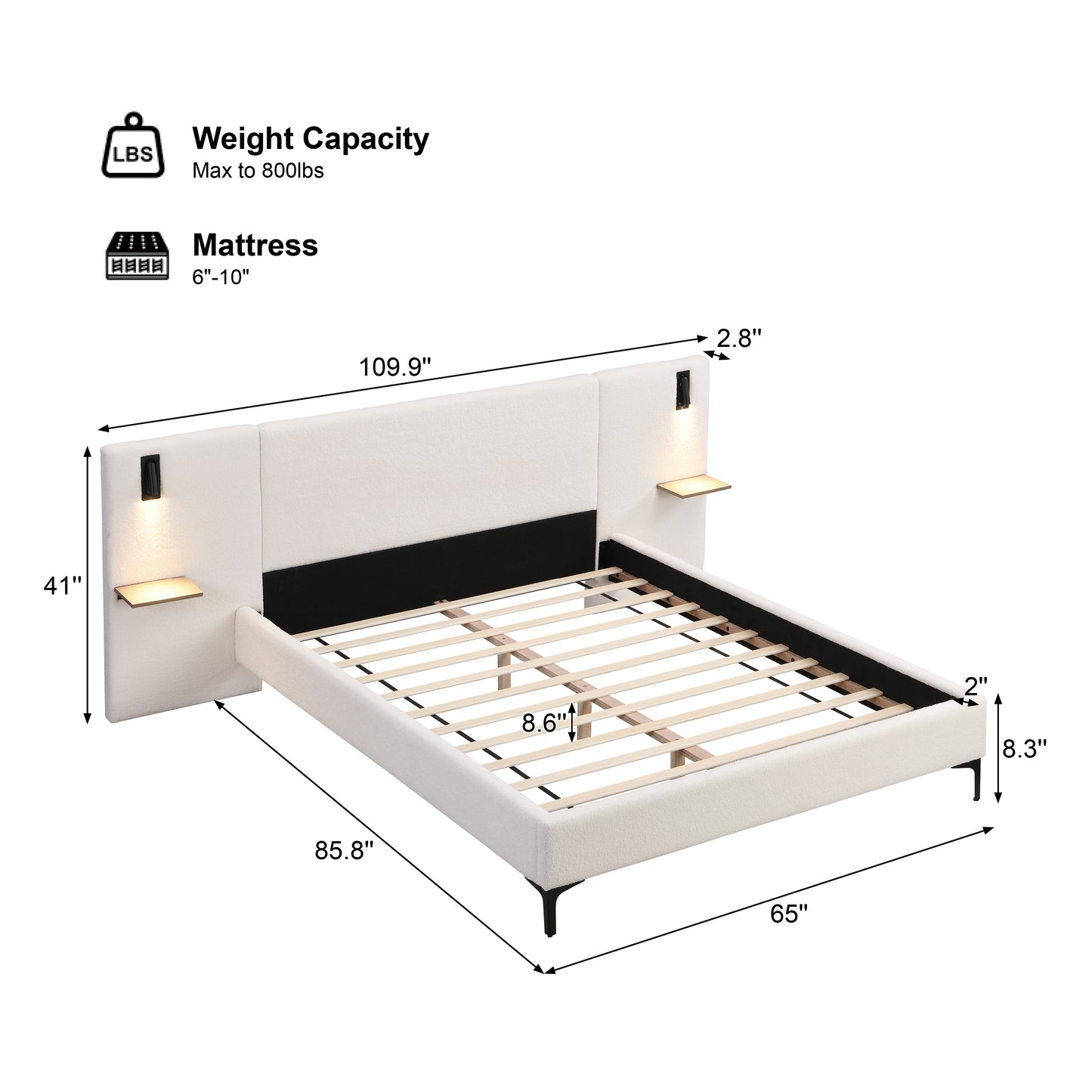 Callion Boucle Upholstered Bed with Integrated Lights and Shelves