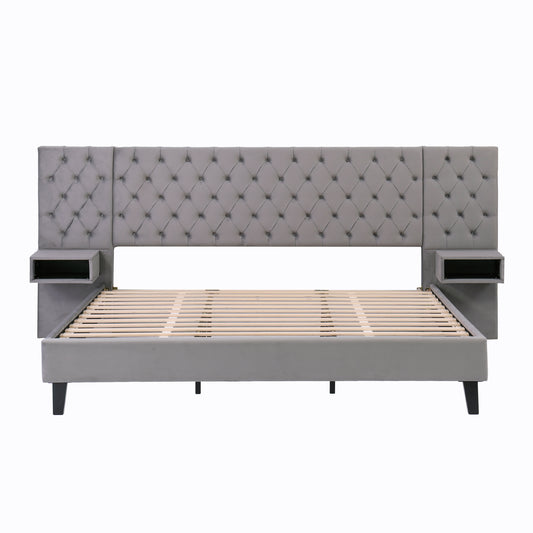 Meridia Platform Bed with Headboard, Modern Velvet Upholstered Platform Bed with 2 Nightstands, with diamond tufted