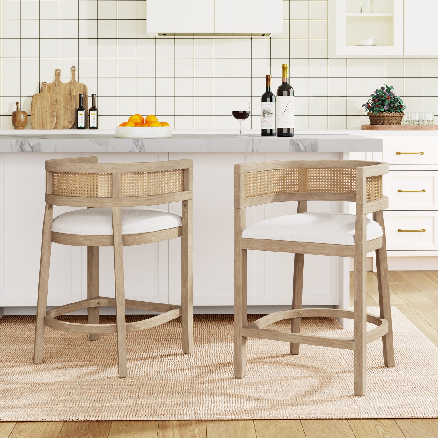 Isidore Wood And Rattan Upholstered Arm Counter Stools,Set of 2