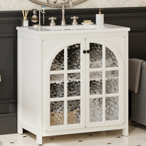 ‌Nexrail 31" Vintage Bathroom Vanity with Ceramic Sink, with Bronze Pulls and Tempered Glass