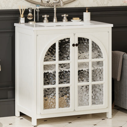 ‌Nexrail 31" Vintage Bathroom Vanity with Ceramic Sink, with Bronze Pulls and Tempered Glass