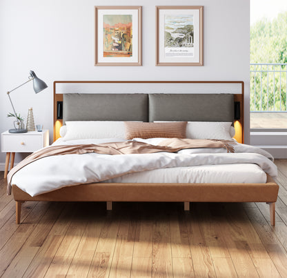 Mireva Brown&Gray Leather King Bed with 2pcs Night Lights