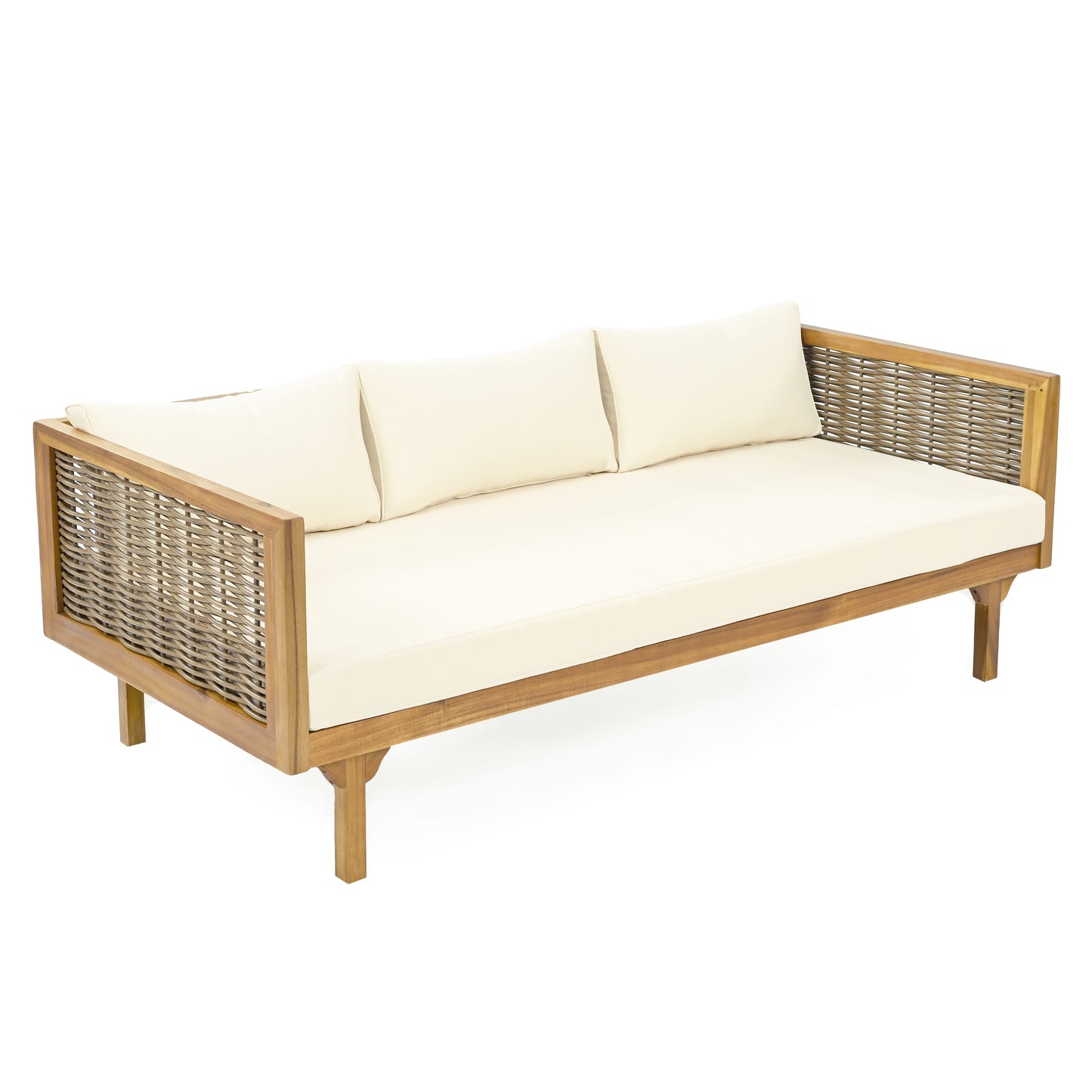 Xenath Outdoor Patio Furnitre Sets 3 Pieces,3 Seater Daybed With Rattan Arms  + Acacia Wood Table