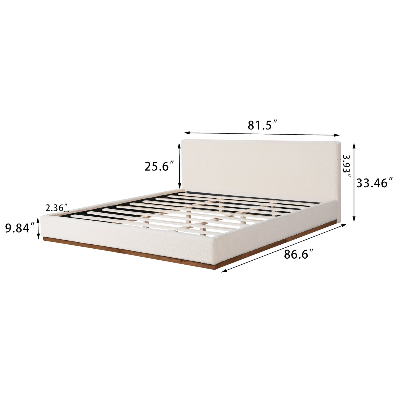 Tulae Elegant White Fabric Upholstered Bed, Wood Grain Textured,Solid Wood Base Frame