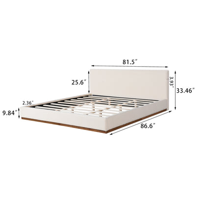 Tulae Elegant White Fabric Upholstered Bed, Wood Grain Textured,Solid Wood Base Frame