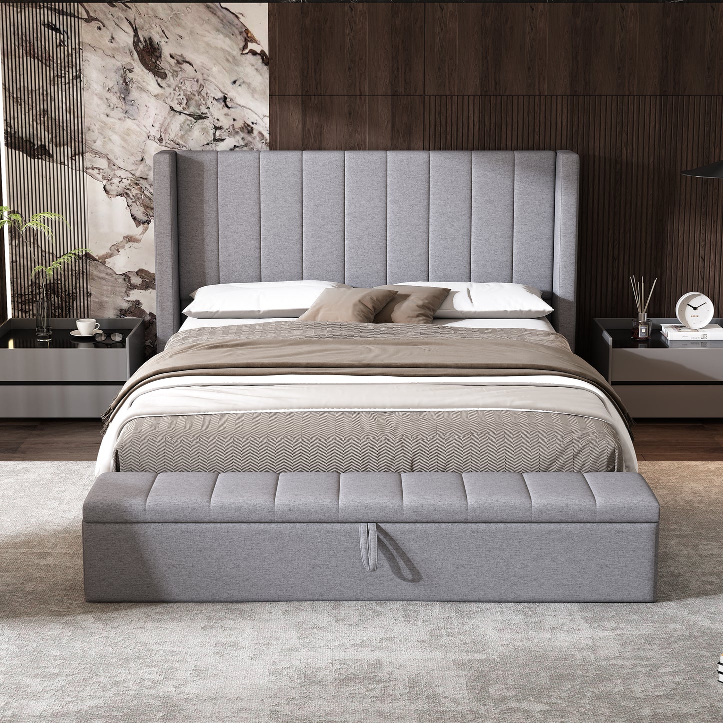 Cassander Queen Size Upholstered Platform Bed with Storage with Headboard