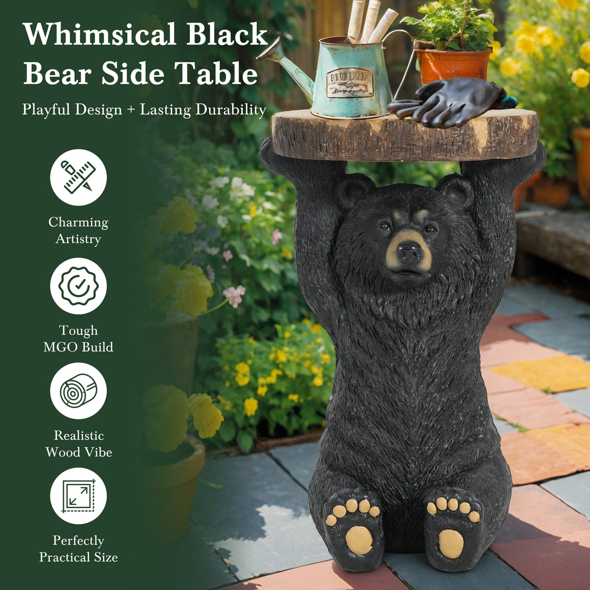 Propinquity Blitz Bear Outdoor Side Table, MGO Bear Statue with Display Tabletop, Hand Painted Sculpture, Cute Small End Table for Indoor/Outdoor, No Assembly Required, Black + Brown