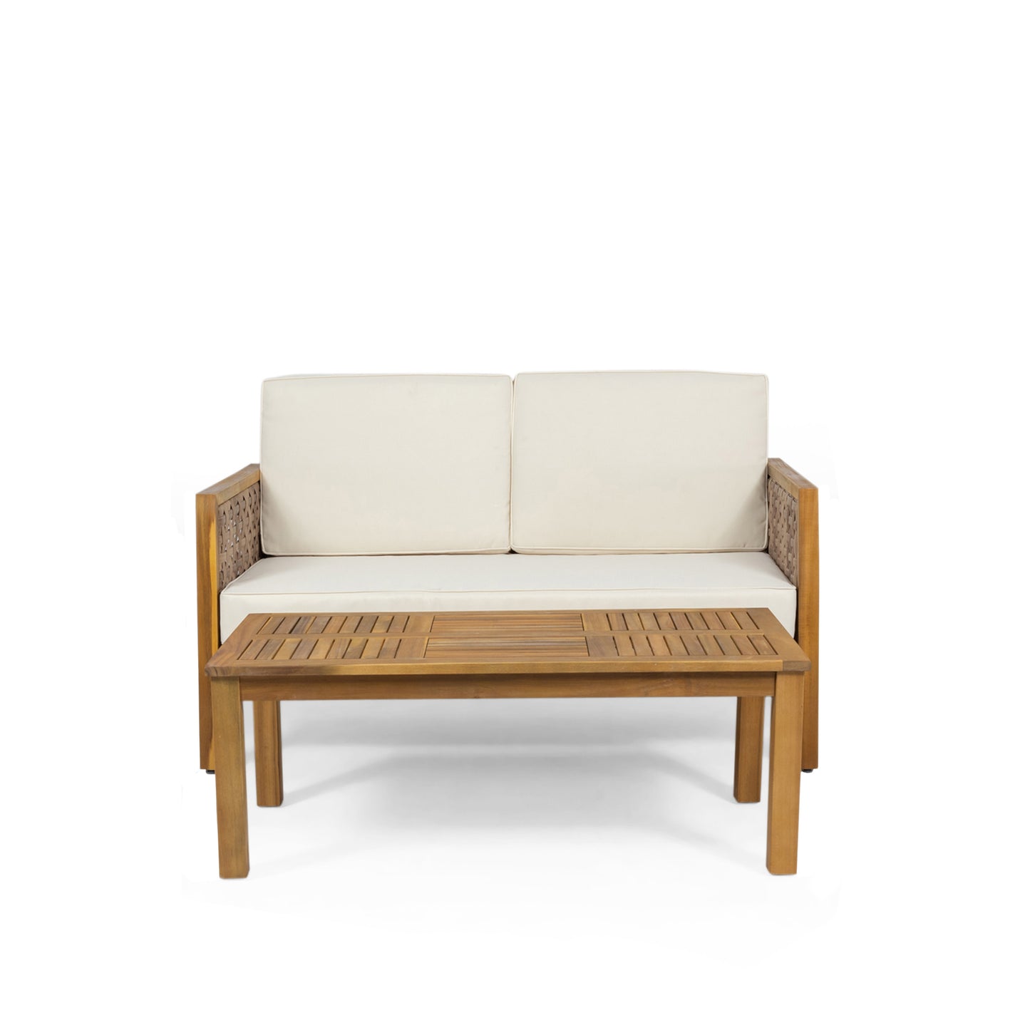Maycen Outdoor Acacia Wood and Wicker Loveseat and Coffee Table Set with Cushions, Teak, Light Multibrown, Beige