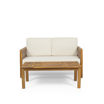 Maycen Outdoor Acacia Wood and Wicker Loveseat and Coffee Table Set with Cushions, Teak, Light Multibrown, Beige