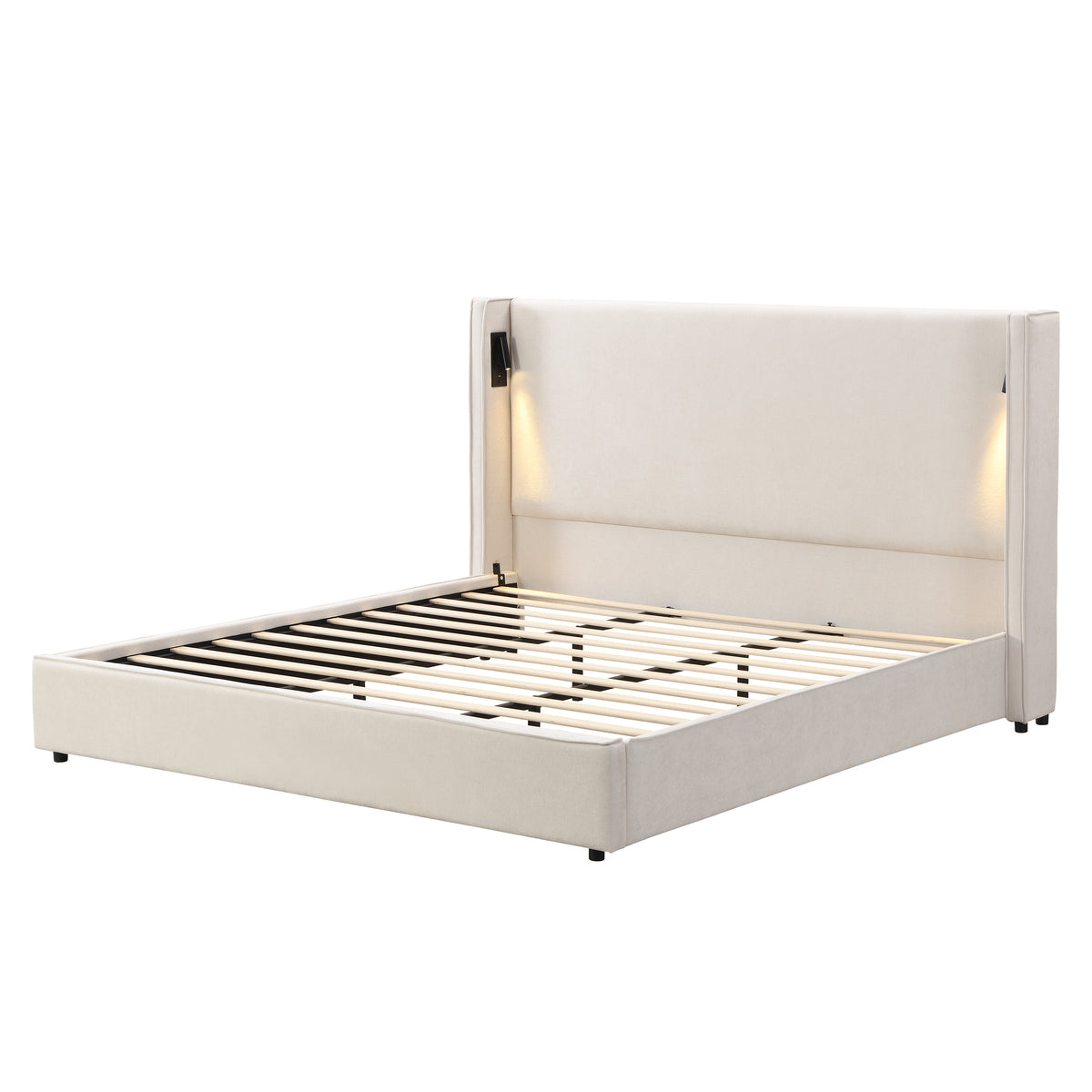 Armoire Hazel 49.20" H King Headboard Bed, Upholstered King Size Bed, Slats Panel Support Platform, No Spring Box Needed, Wingback Headboard with Reading Lamps and USB, Beige