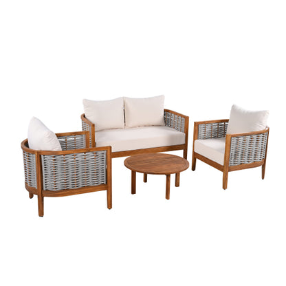 ThruBeam Outdoor Unique Tub Design 4-Seat Sofa Set with Woven Rope, 4 Pieces Acacia Wood Patio Furniture Set