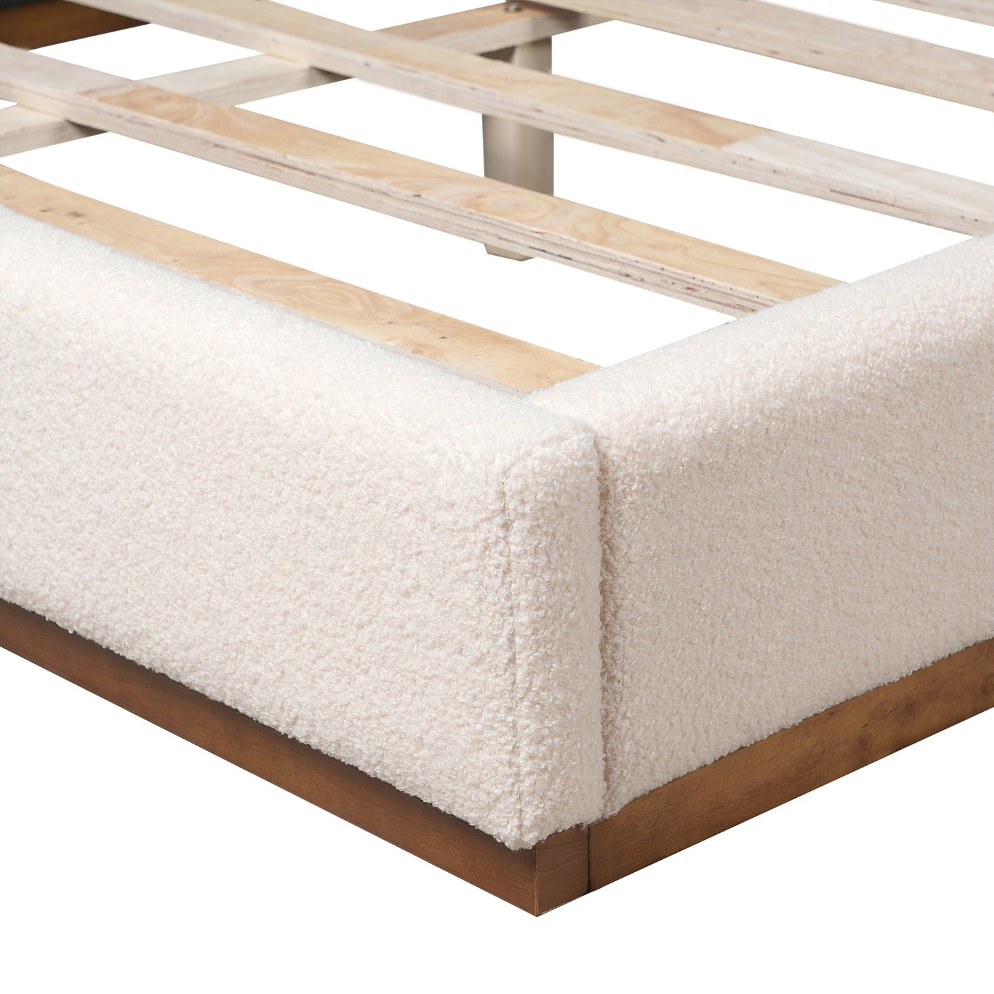 Tulae Elegant White Fabric Upholstered Bed, Wood Grain Textured,Solid Wood Base Frame