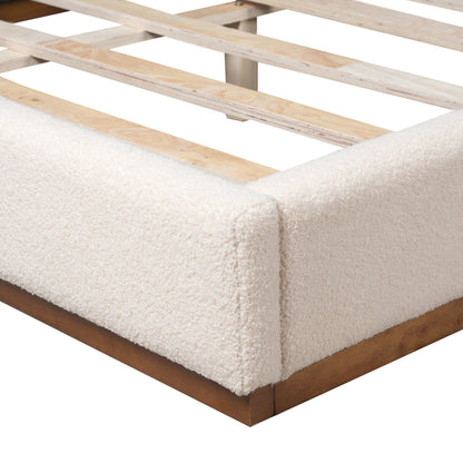 Tulae Elegant White Fabric Upholstered Bed, Wood Grain Textured,Solid Wood Base Frame