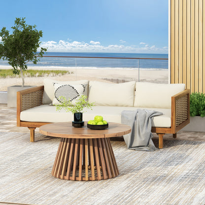 Xenath Outdoor Patio Furnitre Sets 3 Pieces,3 Seater Daybed With Rattan Arms  + Acacia Wood Table