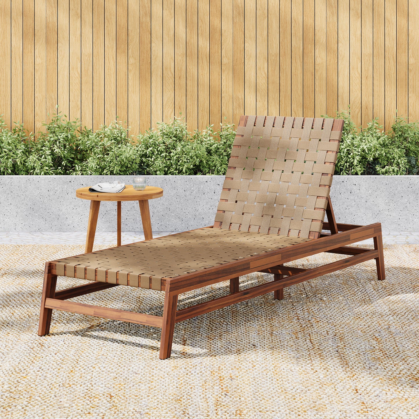Rionaris Outdoor Acacia Wood Rope Chaise Lounge Adjustable 4-Position Recliner