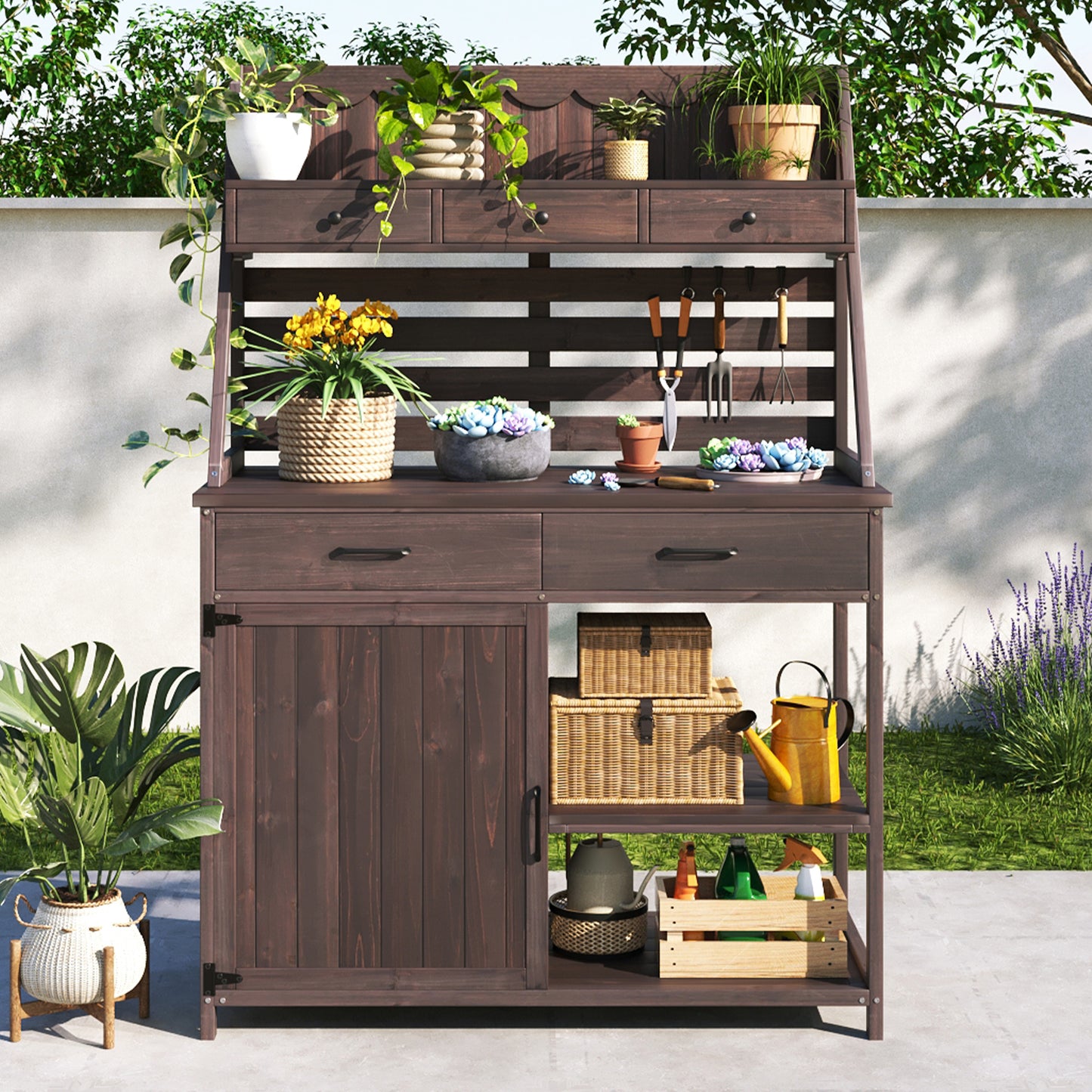 Quirion Brown Fir Wood Potting Bench with Slatted Back Panel & Storage Cabinet & Drawer