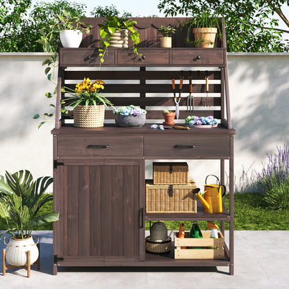 Quirion Brown Fir Wood Potting Bench with Slatted Back Panel & Storage Cabinet & Drawer