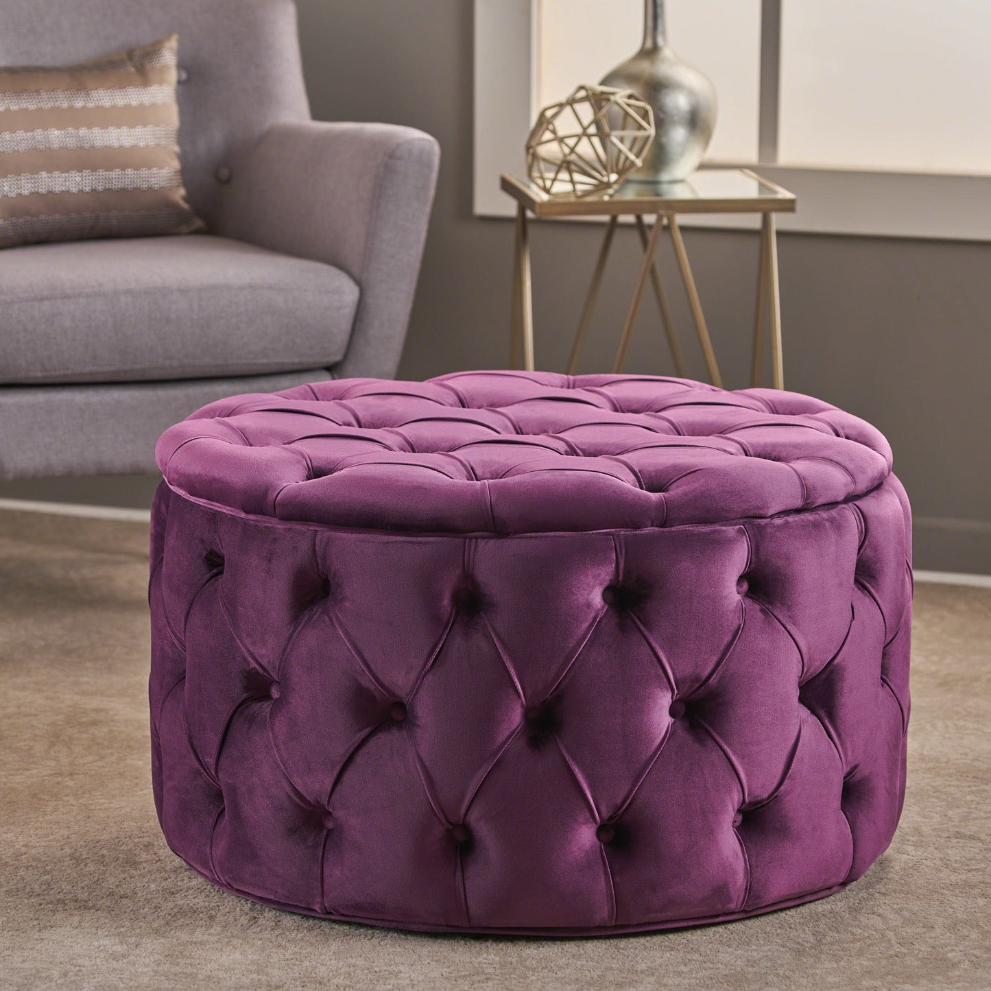 Solvista Velvet Button Tufted Stitched Round Footstool