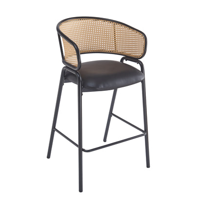 Eathan Indoor Metal PU Leather Barstool, Wowen Rattan Backrest, Set of 2