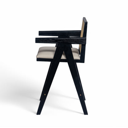 Lomiare Cream Grey Woven Cane Plastic Backrest Bar Stool - Foam-Padded Fabric Seat & Durable Rubberwood Frame