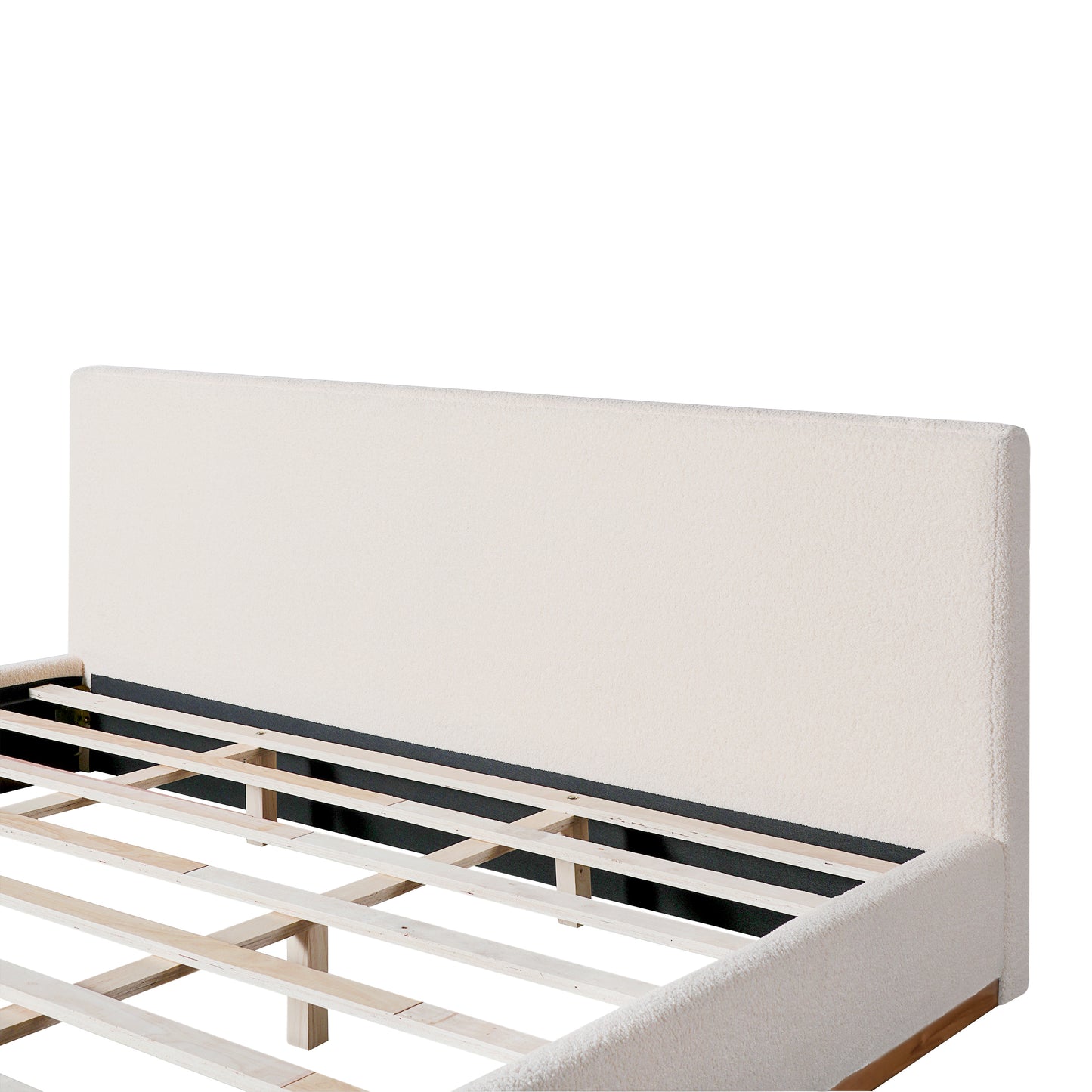 Tulae Elegant White Fabric Upholstered Bed, Wood Grain Textured,Solid Wood Base Frame