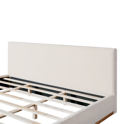 Tulae Elegant White Fabric Upholstered Bed, Wood Grain Textured,Solid Wood Base Frame