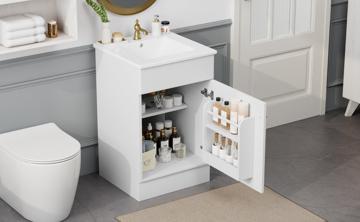 Effervescent Vanes Wood Frame 20" Bathroom Vanity with Ceramic Sink, Cabinet with Soft-Closing Door Shelf and Adjustable Shelf, Open Back, Metal Hardware, Storage/Organizer, White