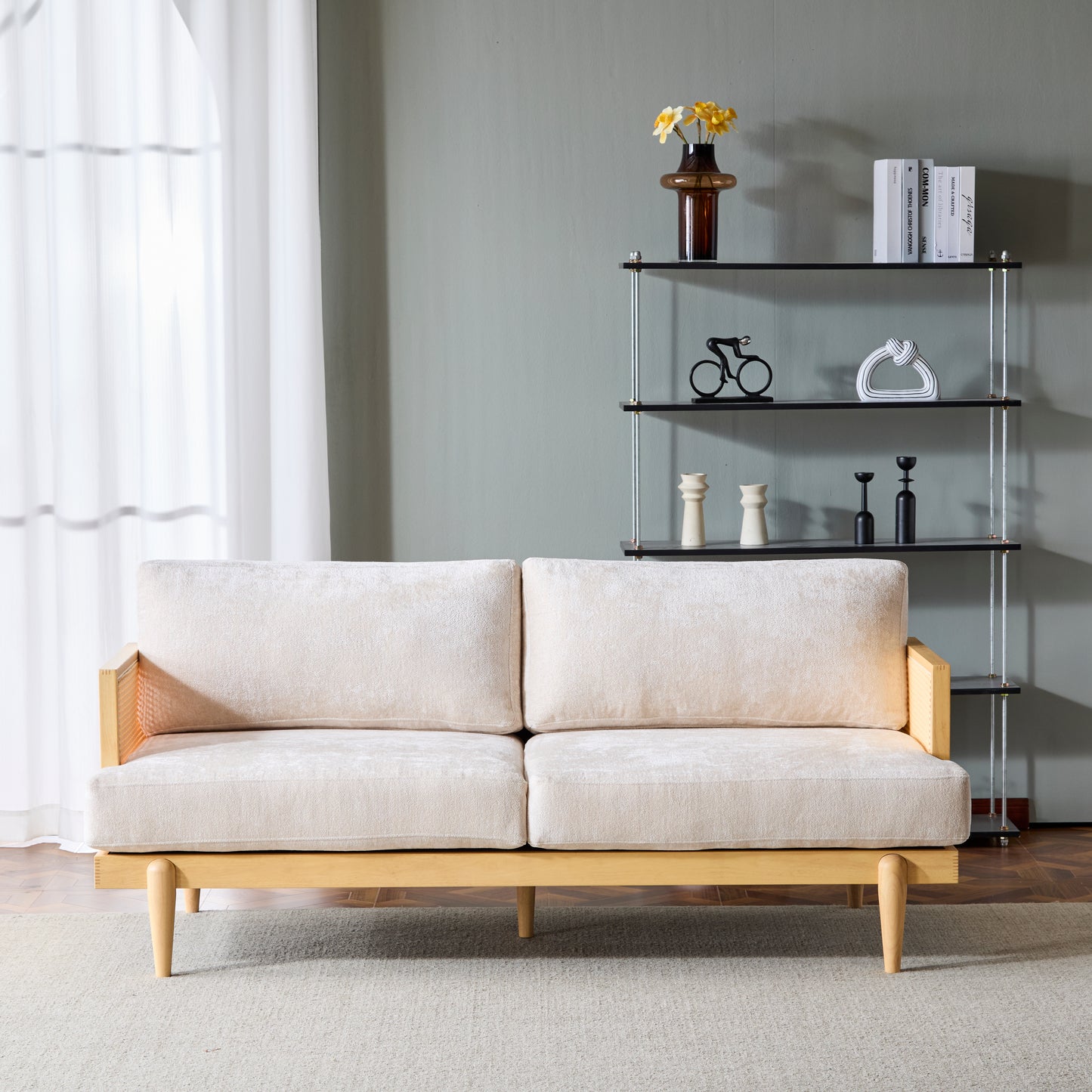 EMIR 72" Square Arm 3-Seater Sofa with Cane Rattan and Wooden Frame