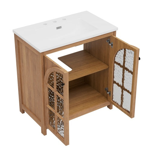 ‌Nexrail 31" Vintage Bathroom Vanity with Ceramic Sink, with Bronze Pulls and Tempered Glass