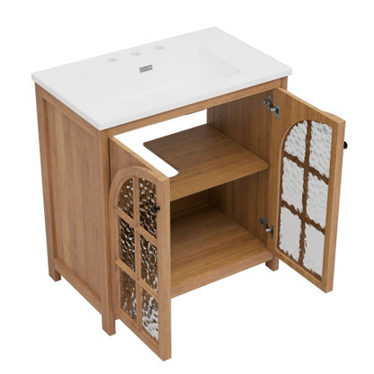‌Nexrail 31" Vintage Bathroom Vanity with Ceramic Sink, with Bronze Pulls and Tempered Glass