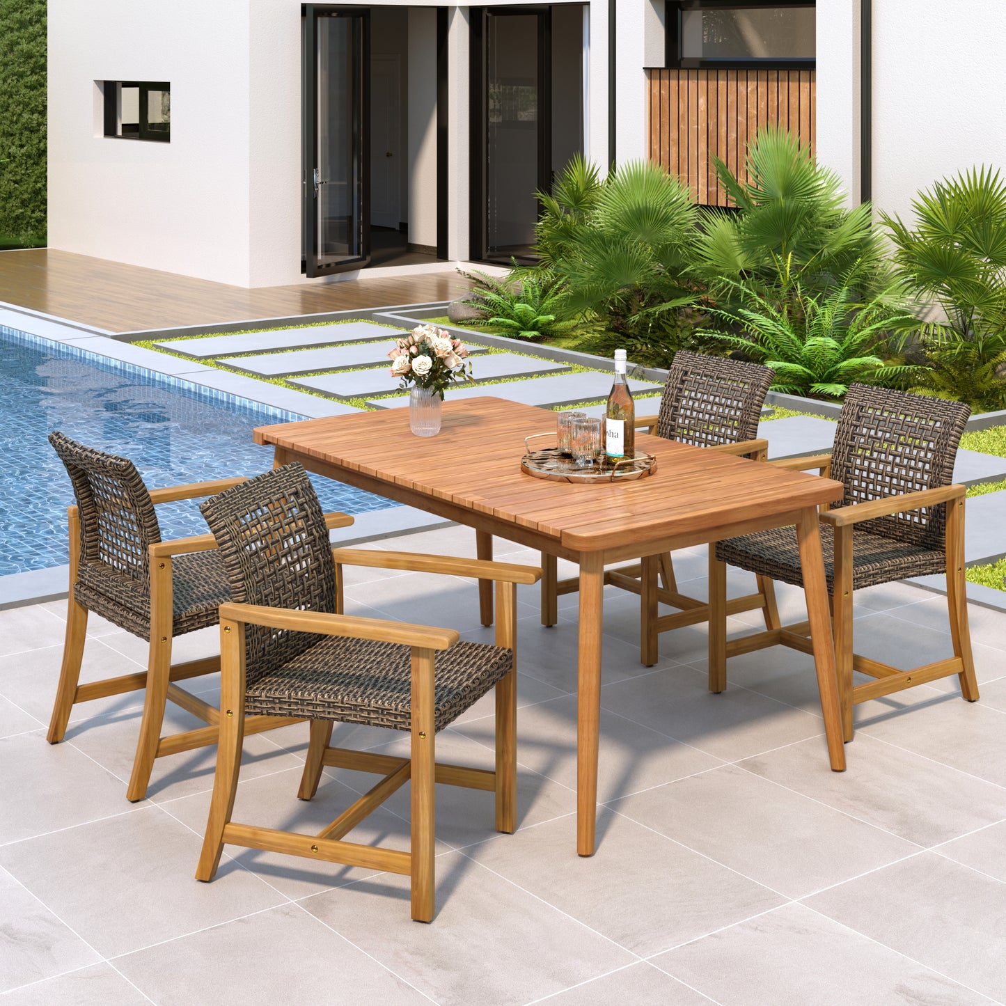 Hawk 5-Piece Patio Dining Set, 63" Slatted Table & 4 Acacia Wood & PE Rattan Chairs