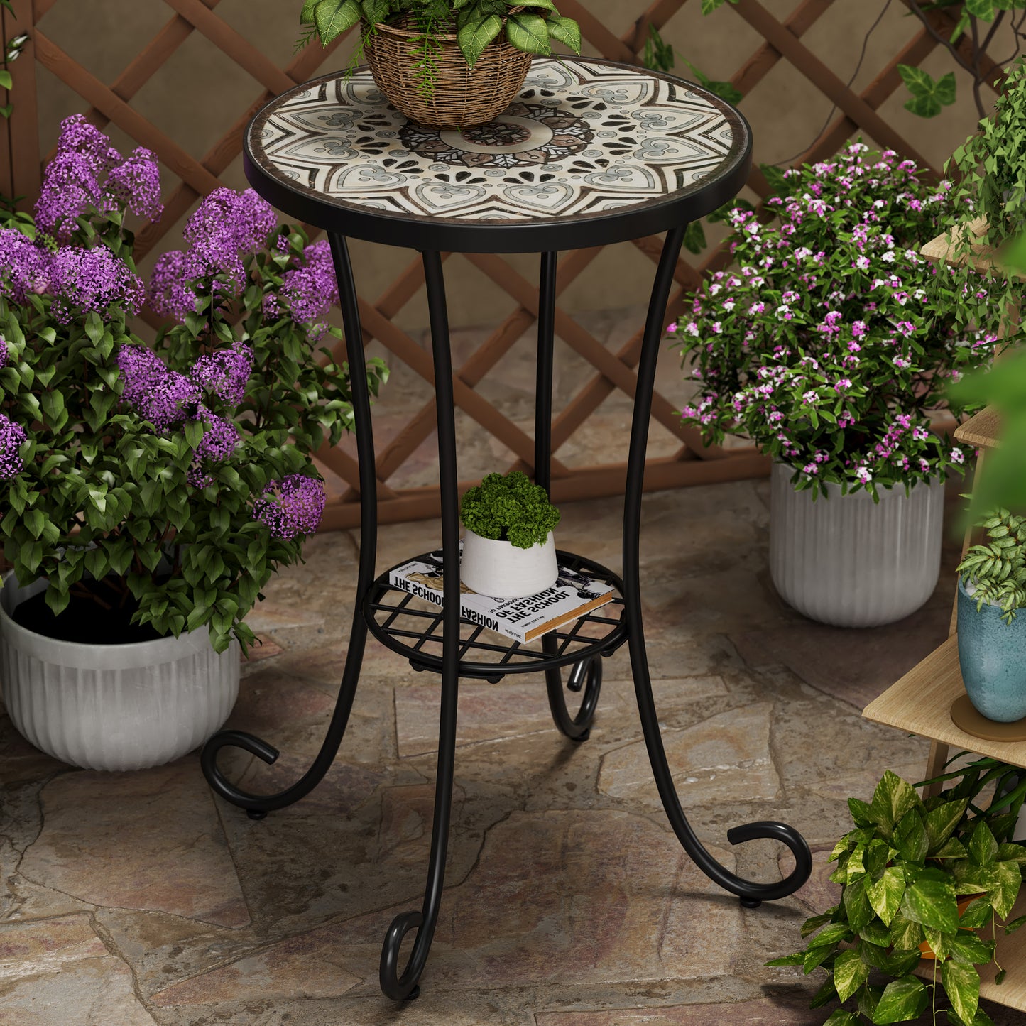 Eulalie Outdoor Patio Round Side Table with Shelf