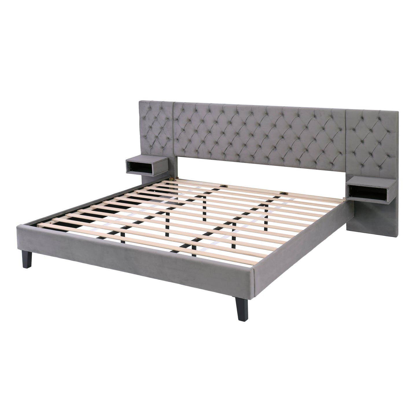 Meridia Platform Bed with Headboard, Modern Velvet Upholstered Platform Bed with 2 Nightstands, with diamond tufted