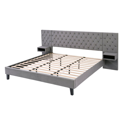 Meridia Platform Bed with Headboard, Modern Velvet Upholstered Platform Bed with 2 Nightstands, with diamond tufted
