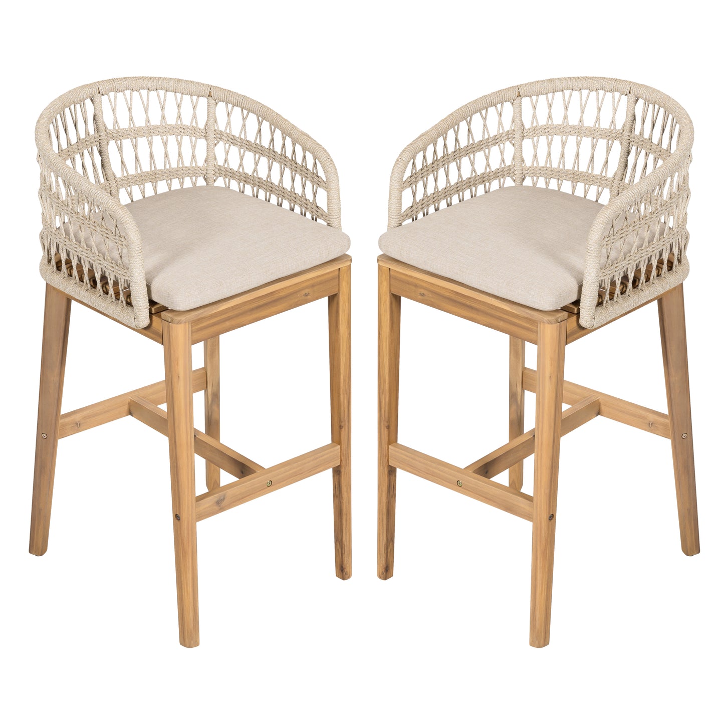 Lagunar Outdoor Wood and Rope Barstool, Teak Finished Wood with Cushion, Set of 2