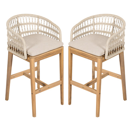 Lagunar Outdoor Wood and Rope Barstool, Teak Finished Wood with Cushion, Set of 2