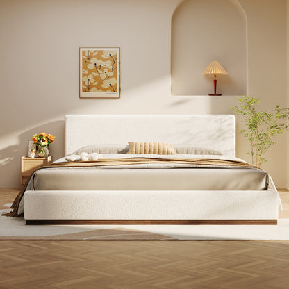 Tulae Elegant White Fabric Upholstered Bed, Wood Grain Textured,Solid Wood Base Frame