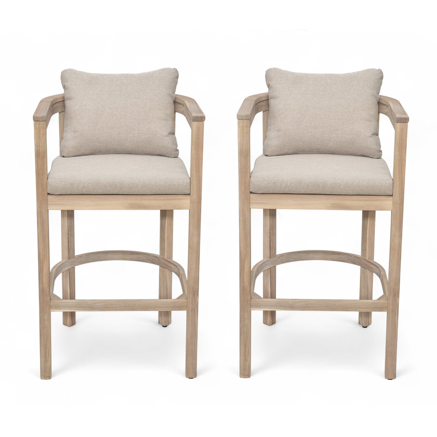 Abacoa Outdoor Barstool,Acacia Wood Finish with Beige Cushion, Set of 2