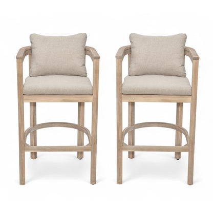 Abacoa Outdoor Barstool,Acacia Wood Finish with Beige Cushion, Set of 2