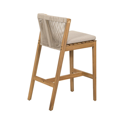 Ylisora Outdoor Barstool, Teak Finished Wood with Beige Cushion, Set of 2