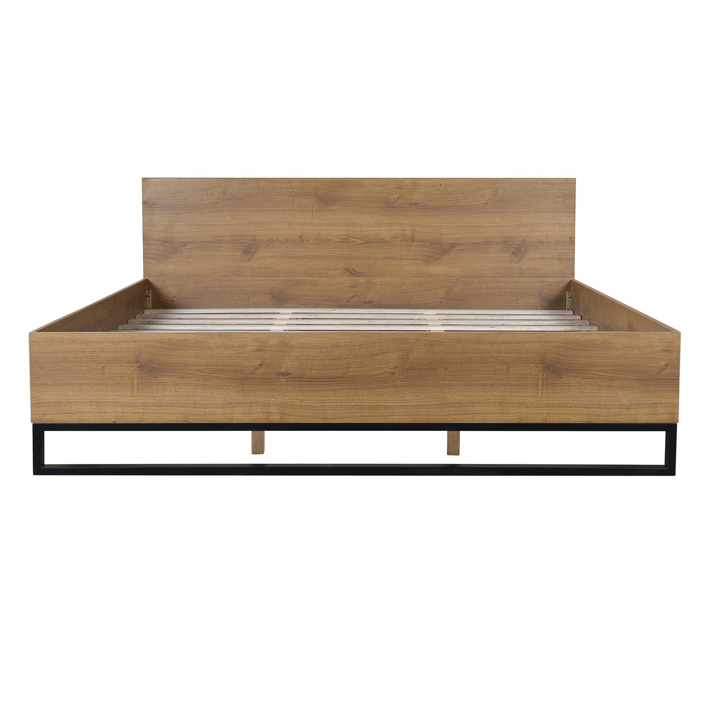 Ketura Two-Tone Aesthetic Engineered Wood Bed Frame in Natural Wood Grain and Matte Black Metal Leg
