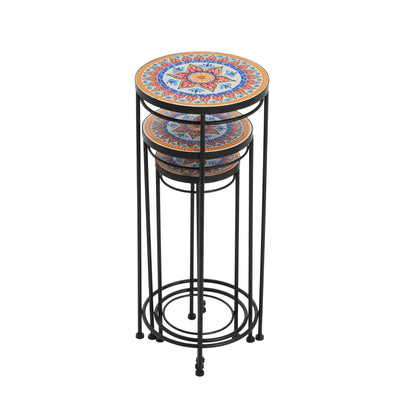 Caius Outdoor Patio Plant Stands, Ceramic Tile, Iron, Set of 3