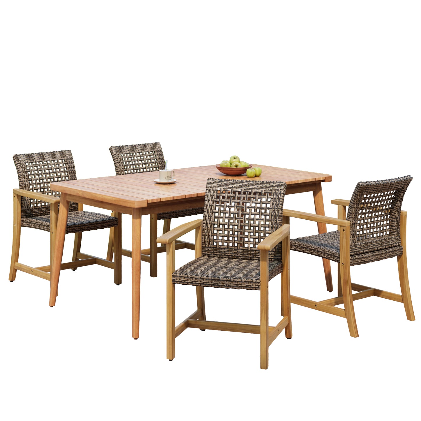 Hawk 5-Piece Patio Dining Set, 63" Slatted Table & 4 Acacia Wood & PE Rattan Chairs