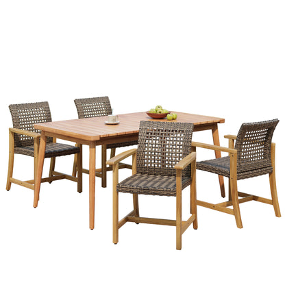 Hawk 5-Piece Patio Dining Set, 63" Slatted Table & 4 Acacia Wood & PE Rattan Chairs