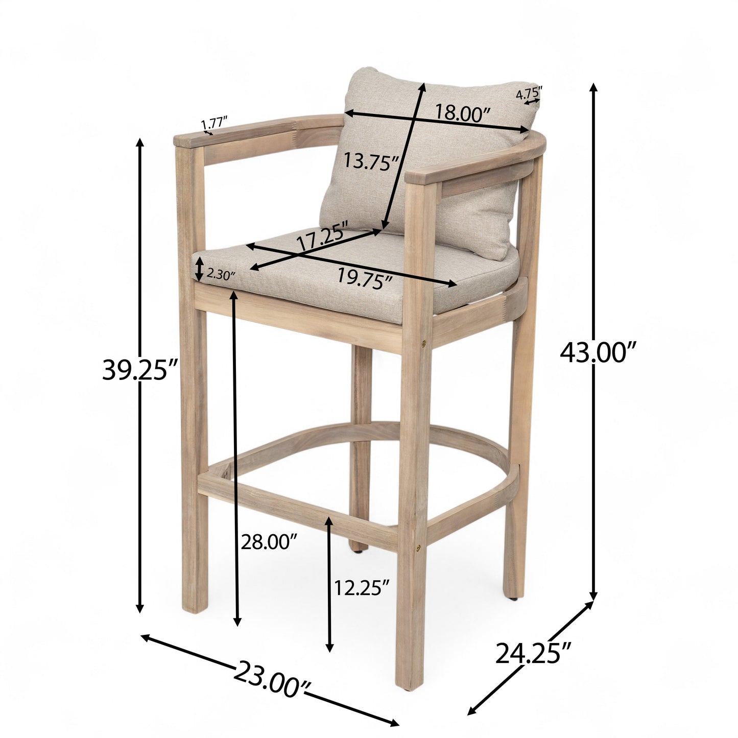 Abacoa Outdoor Barstool,Acacia Wood Finish with Beige Cushion, Set of 2