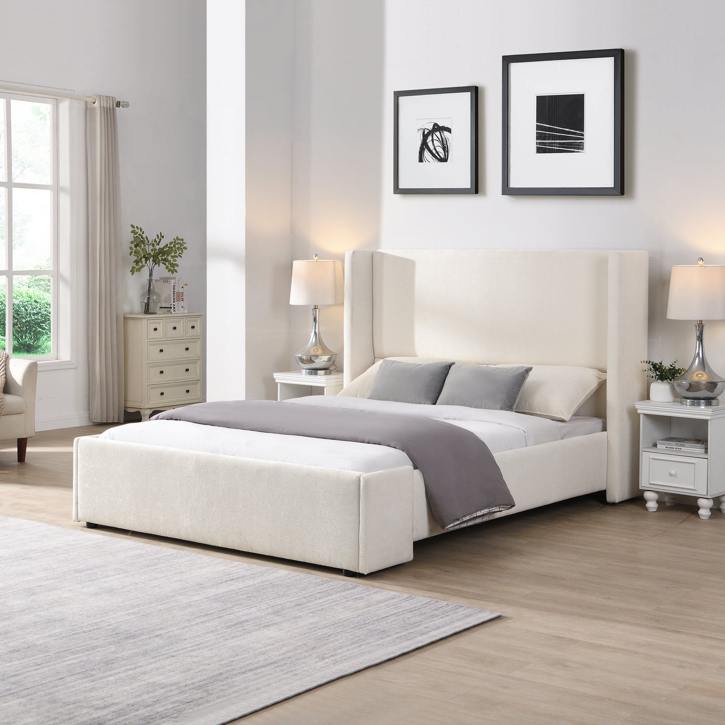 Arcadien Elegant White Fabric Upholstered Bed