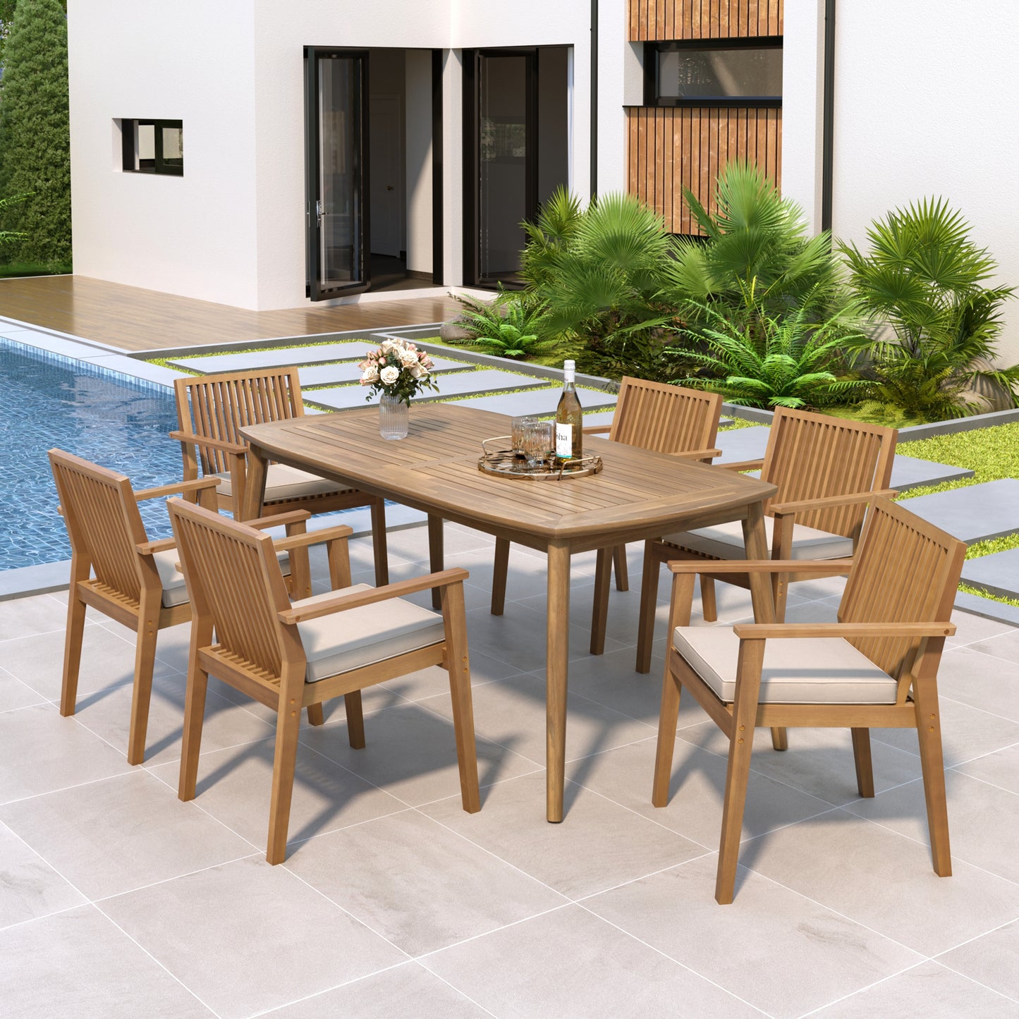 Junosila 7-Piece Acacia Wood Outdoor Dining Set - 70.75" Table & 6 Chairs with Cushions